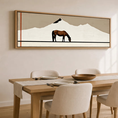 The Minimalist Pasture Horse Landscape panoramic canvas wall art displayed above a dining table