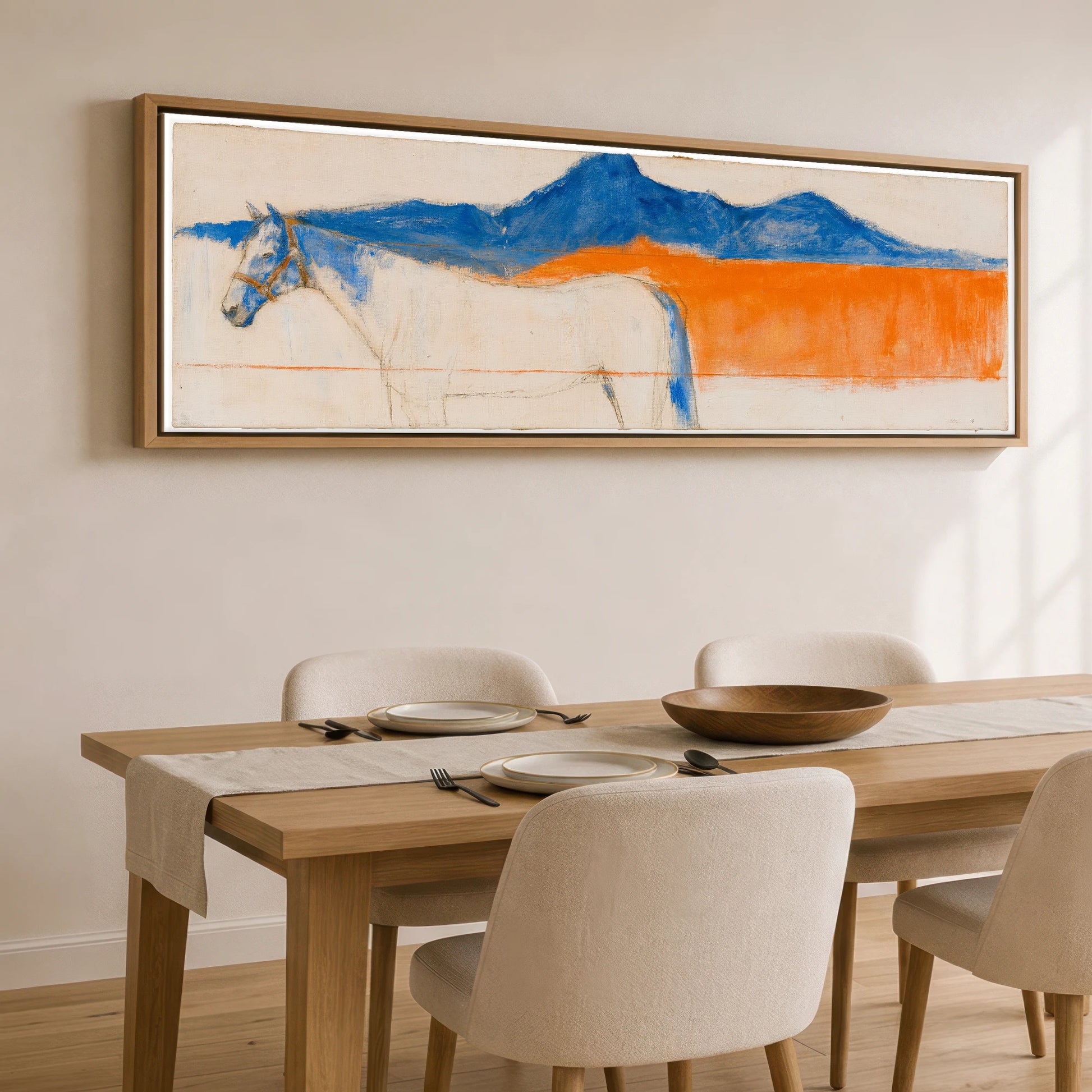 Abstract Ultramarine Horizon Horse Landscape panoramic canvas wall art displayed above a dining table