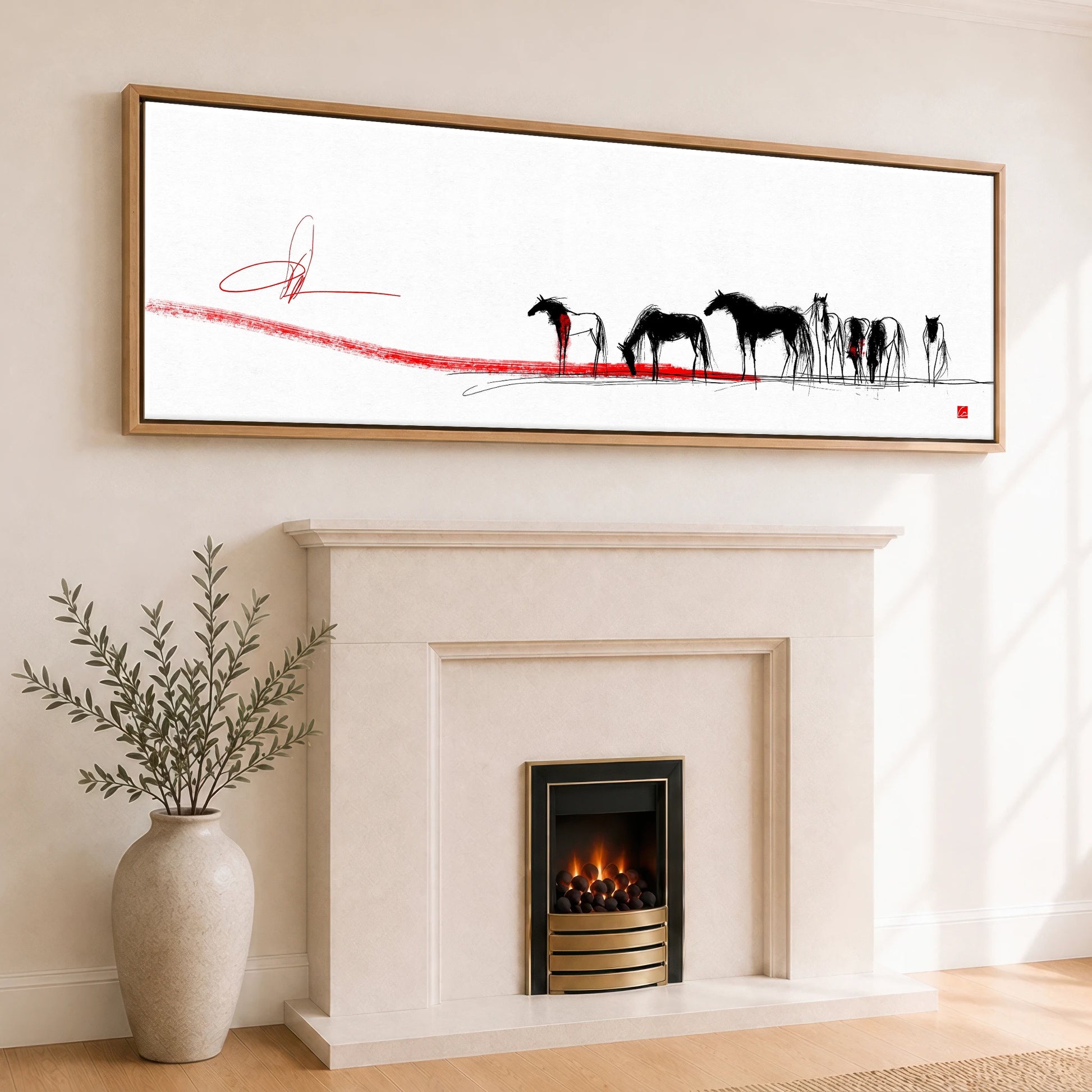Crimson Horizon Herd Wild Horses panoramic canvas wall art displayed above a fireplace