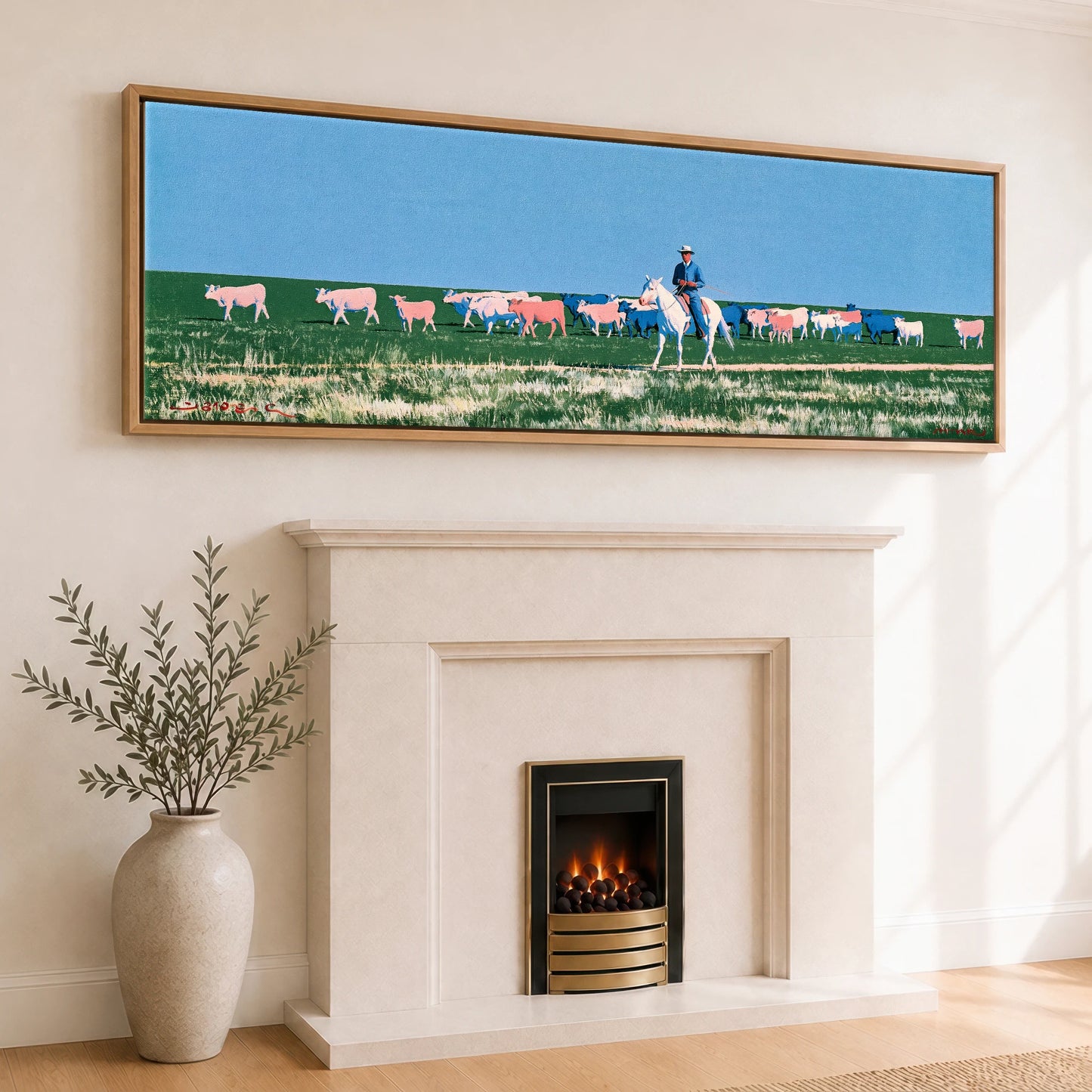 Big Sky Drover Western Horse panoramic canvas wall art displayed above a fireplace