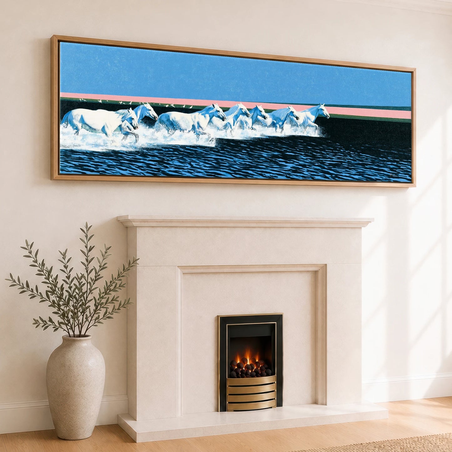 Azure Coastal Gallop Horse Landscape panoramic canvas wall art displayed above a fireplace
