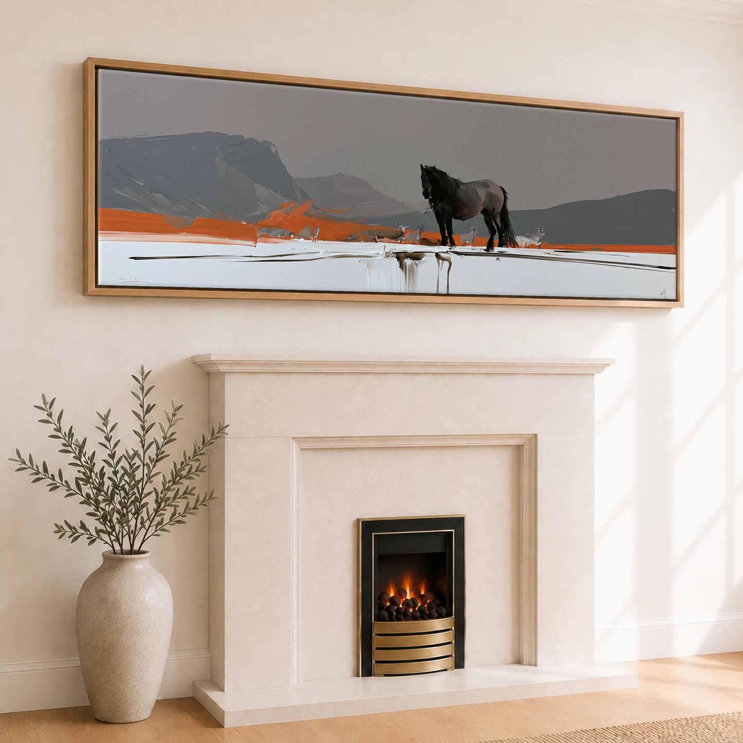 The Vivid Expanse Horse Landscape panoramic canvas wall art displayed above a fireplace