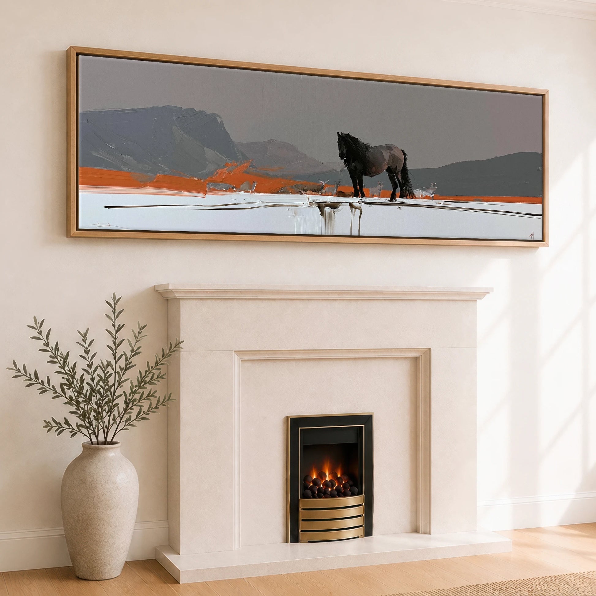 The Vivid Expanse Horse Landscape panoramic canvas wall art displayed above a fireplace