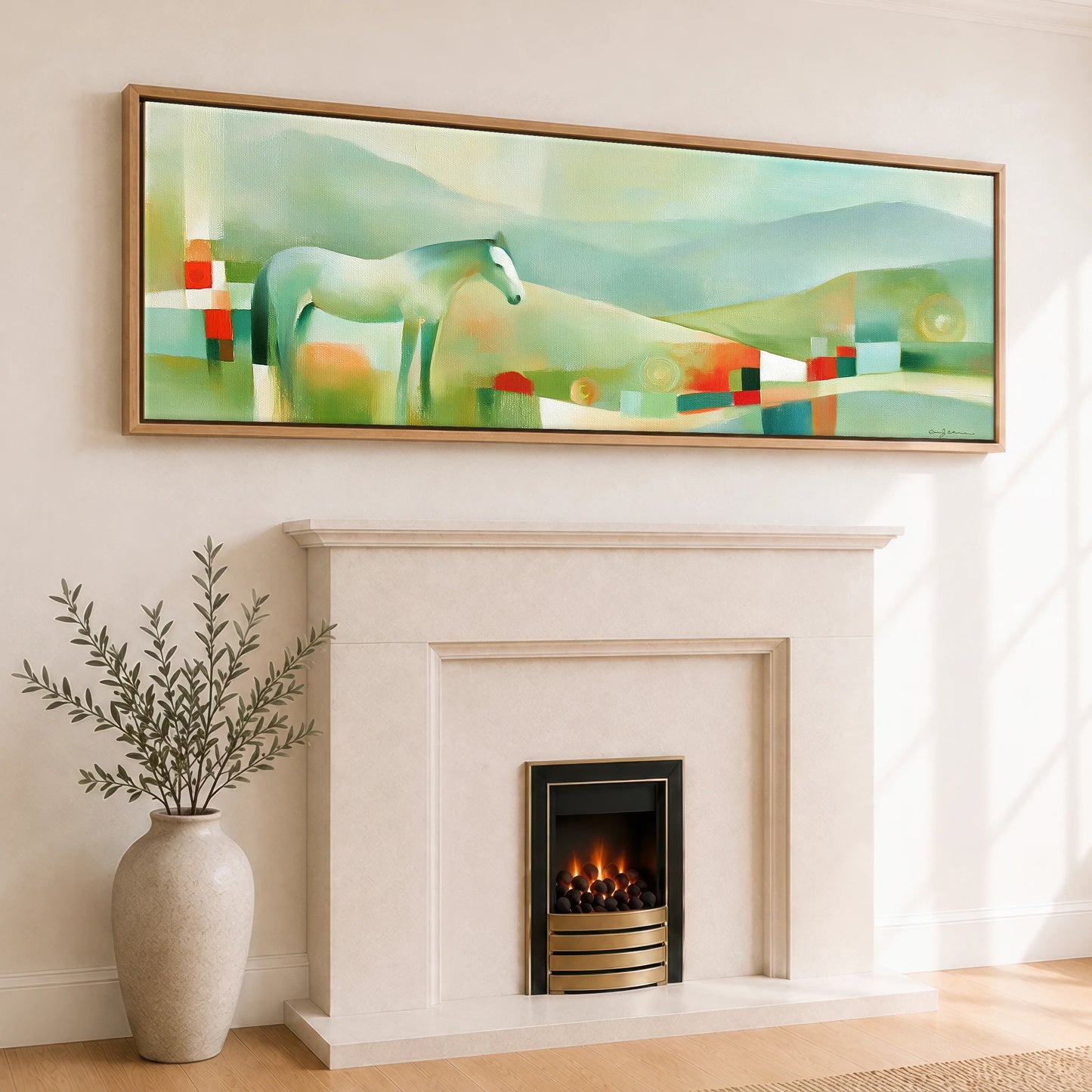 The Mint Horizon Horse Landscape panoramic canvas wall art displayed above a fireplace