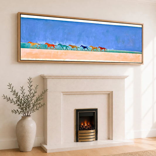 Rhythm of the Coast Beach Horse panoramic canvas wall art displayed above a fireplace