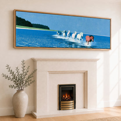 Through the Azure Shallows Horse Landscape panoramic canvas wall art displayed above a fireplace