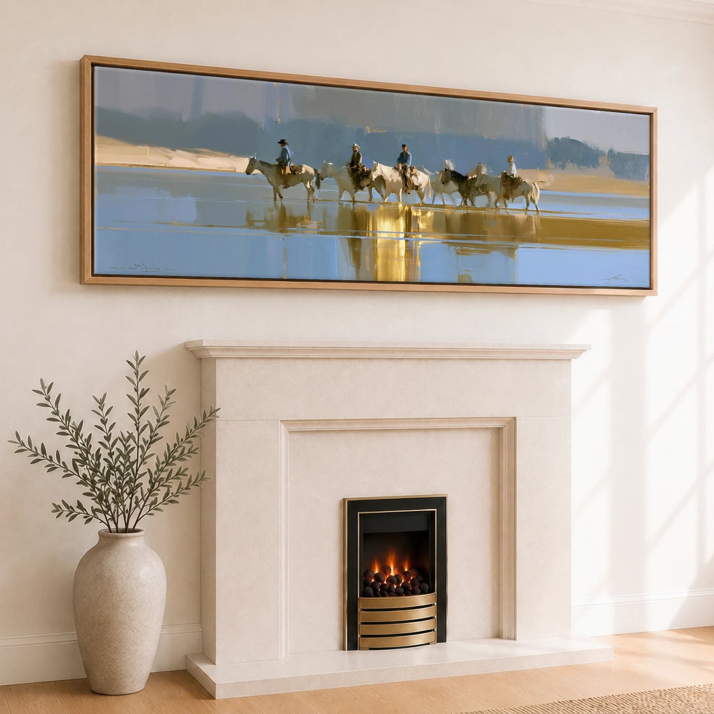 Sunlit River Crossing Horse Landscape panoramic canvas wall art displayed above a fireplace