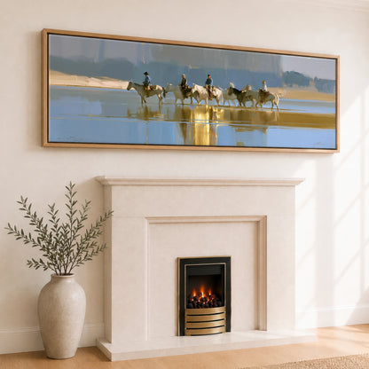 Sunlit River Crossing Horse Landscape panoramic canvas wall art displayed above a fireplace