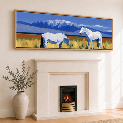 Vibrant Alpine Pasture Horse Landscape panoramic canvas wall art displayed above a fireplace