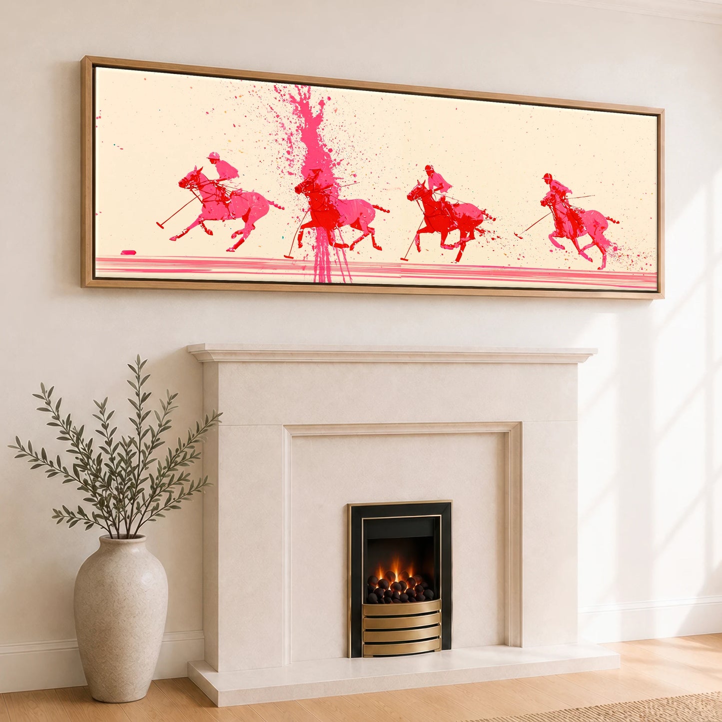 Magenta Polo Rush Polo Horse panoramic canvas wall art displayed above a fireplace