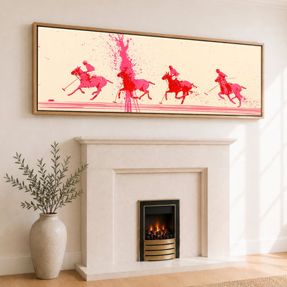 Magenta Polo Rush Polo Horse panoramic canvas wall art displayed above a fireplace