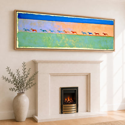Rhythm in Colour Polo Horse panoramic canvas wall art displayed above a fireplace