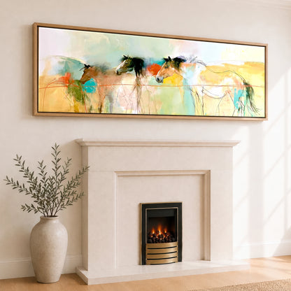 Expressive Equine Horizon Horse Landscape panoramic canvas wall art displayed above a fireplace