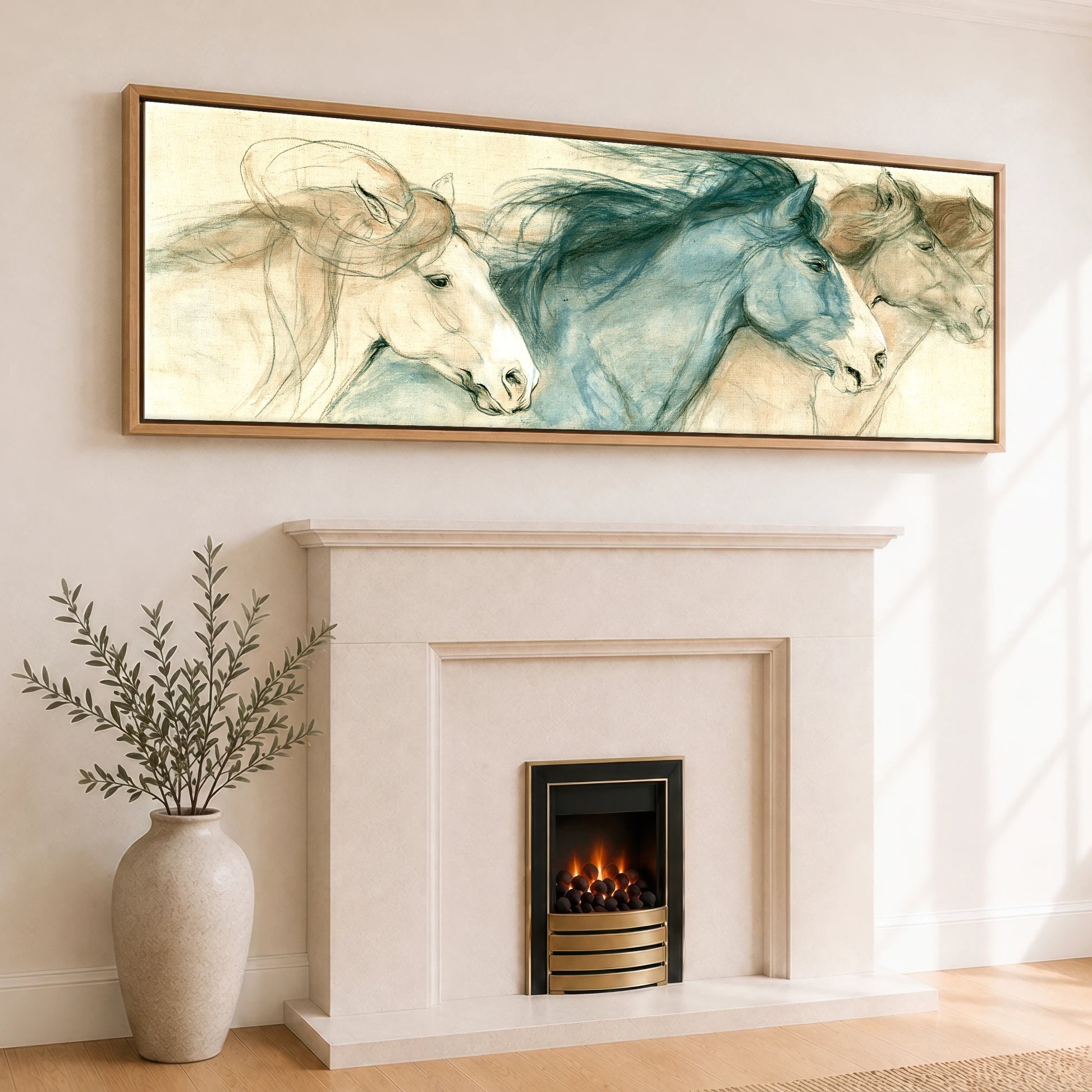 Windswept Equine Trio Horse Landscape panoramic canvas wall art displayed above a fireplace