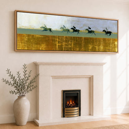 Pursuit in Gold Polo Horse panoramic canvas wall art displayed above a fireplace