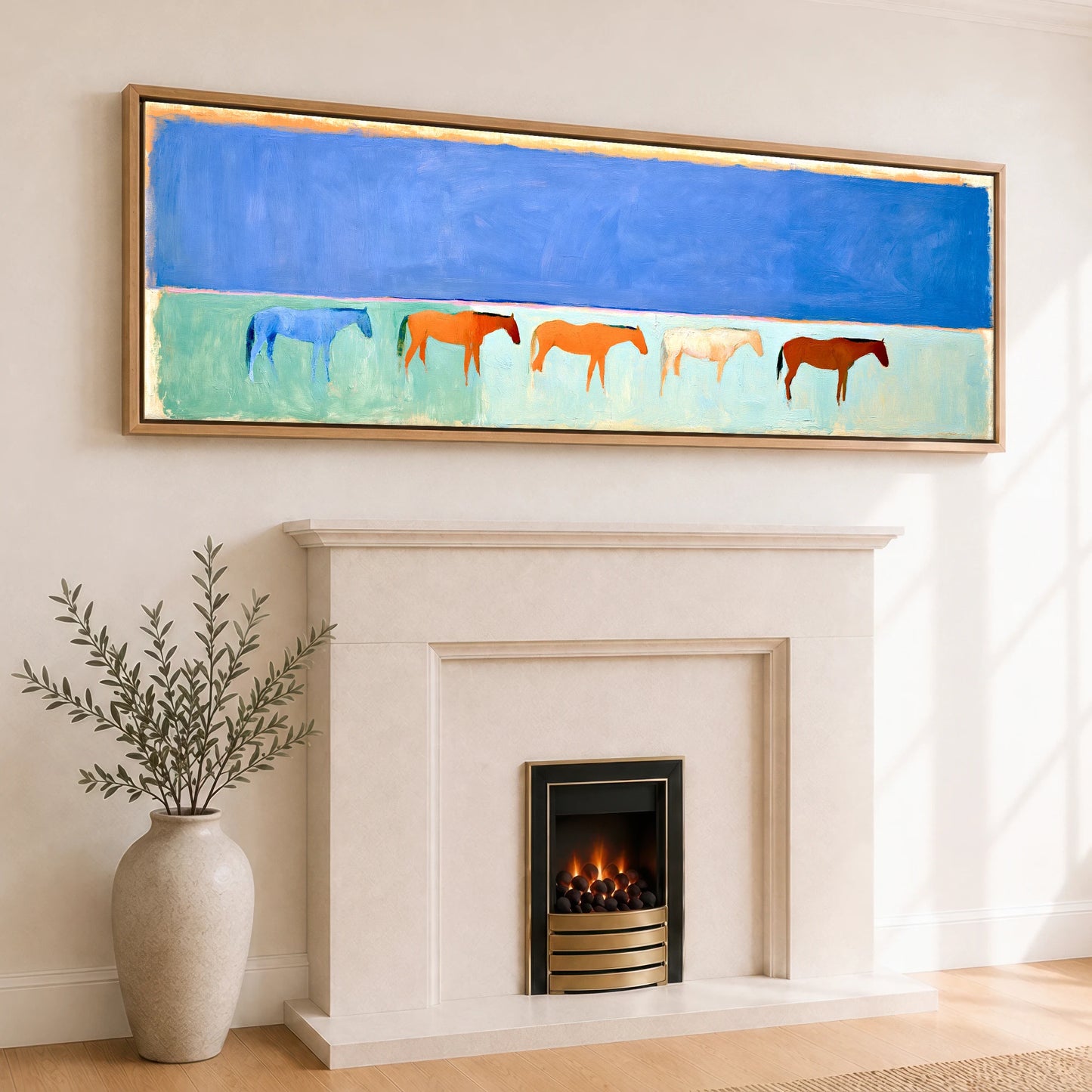 Painted Beach Lineup Beach Horse panoramic canvas wall art displayed above a fireplace