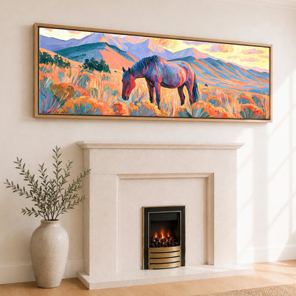 Vibrant Painted Pasture Horse Landscape panoramic canvas wall art displayed above a fireplace