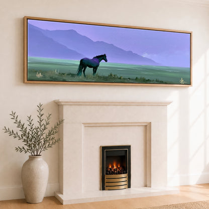 Dusk On The Violet Plain Horse Landscape panoramic canvas wall art displayed above a fireplace