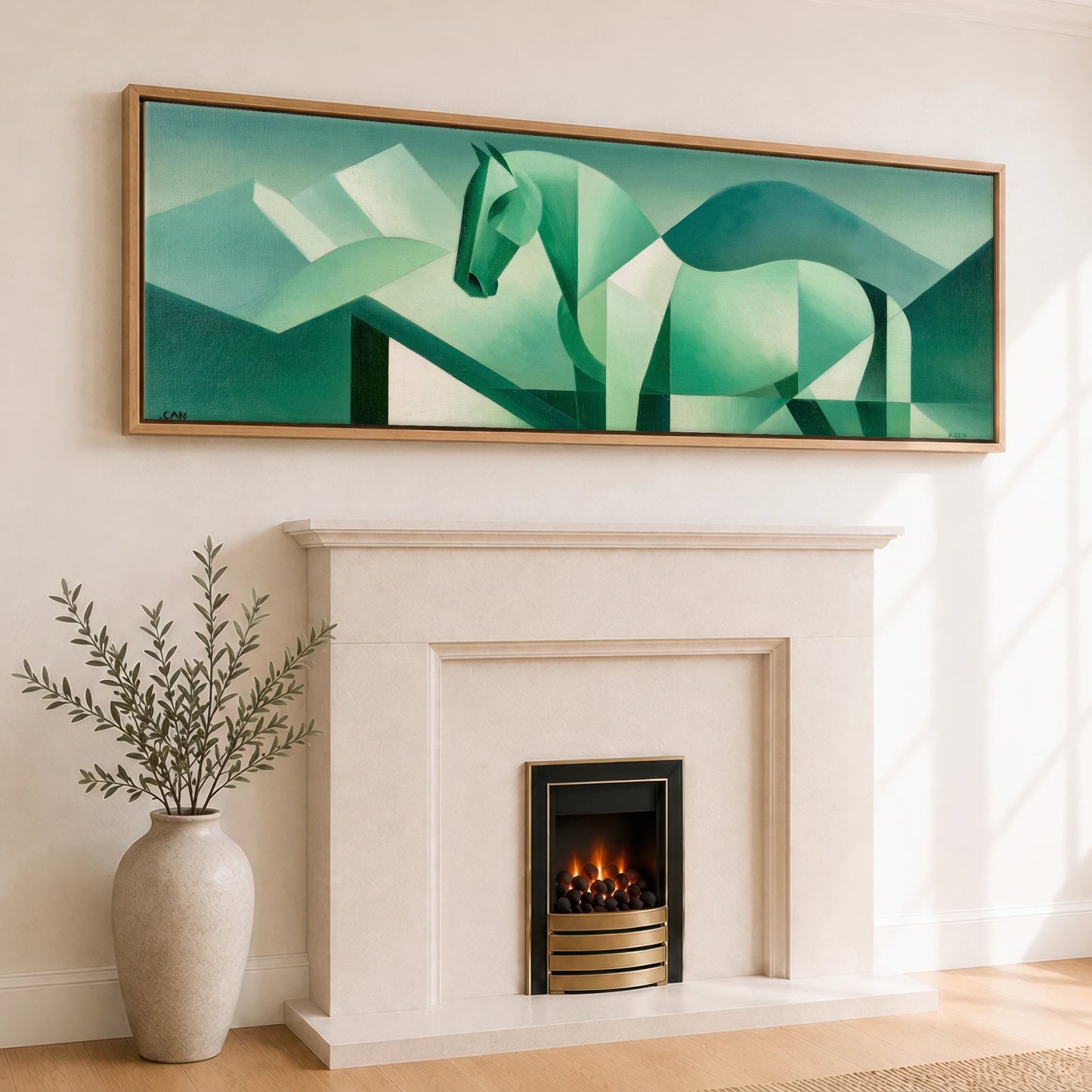Structured Jade Equine Horse Landscape panoramic canvas wall art displayed above a fireplace