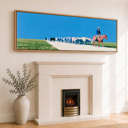 The Long Trail Western Horse panoramic canvas wall art displayed above a fireplace