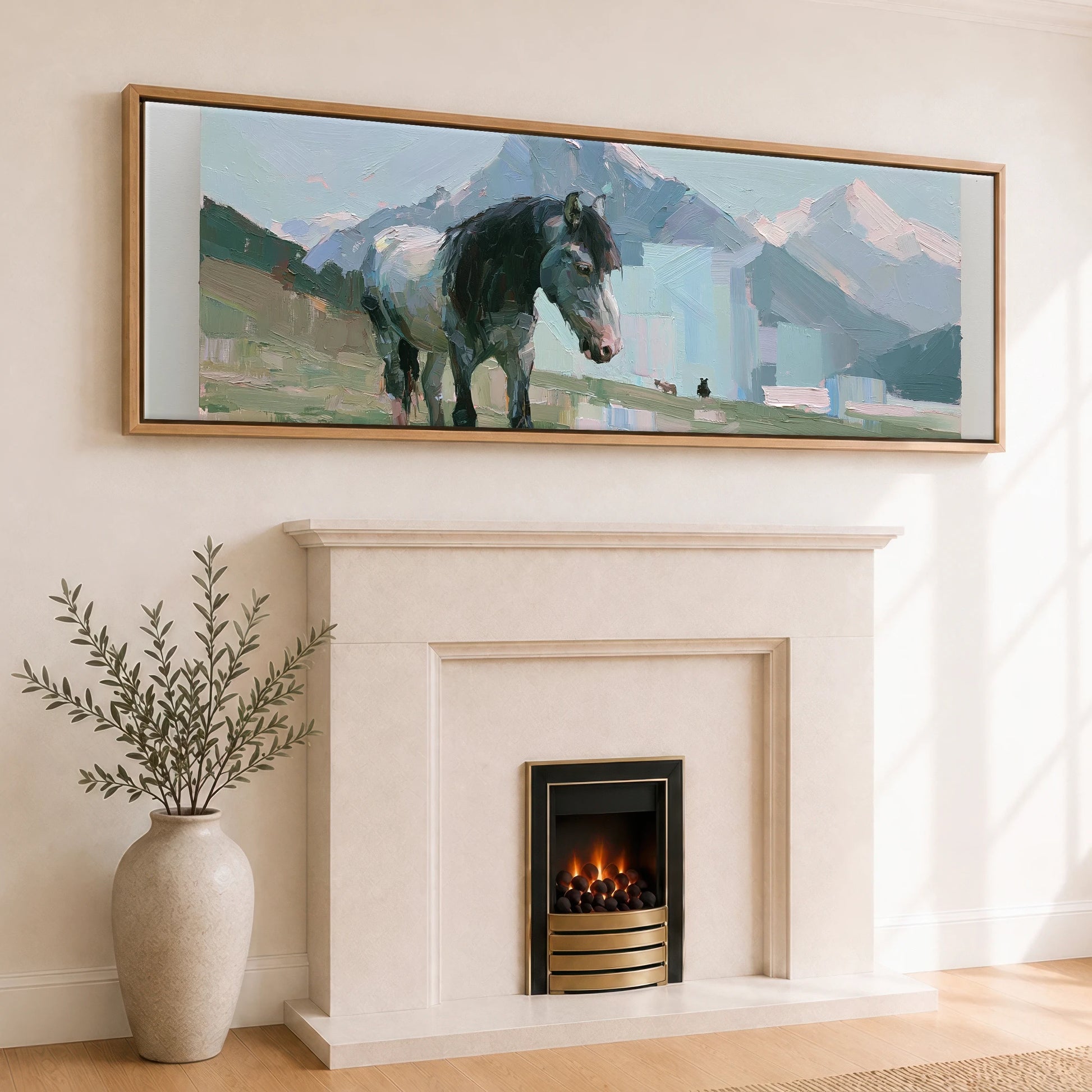 Pastures Beneath the Peaks Horse Landscape panoramic canvas wall art displayed above a fireplace