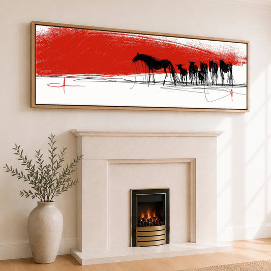 Crimson Horizon Herd Wild Horses panoramic canvas wall art displayed above a fireplace