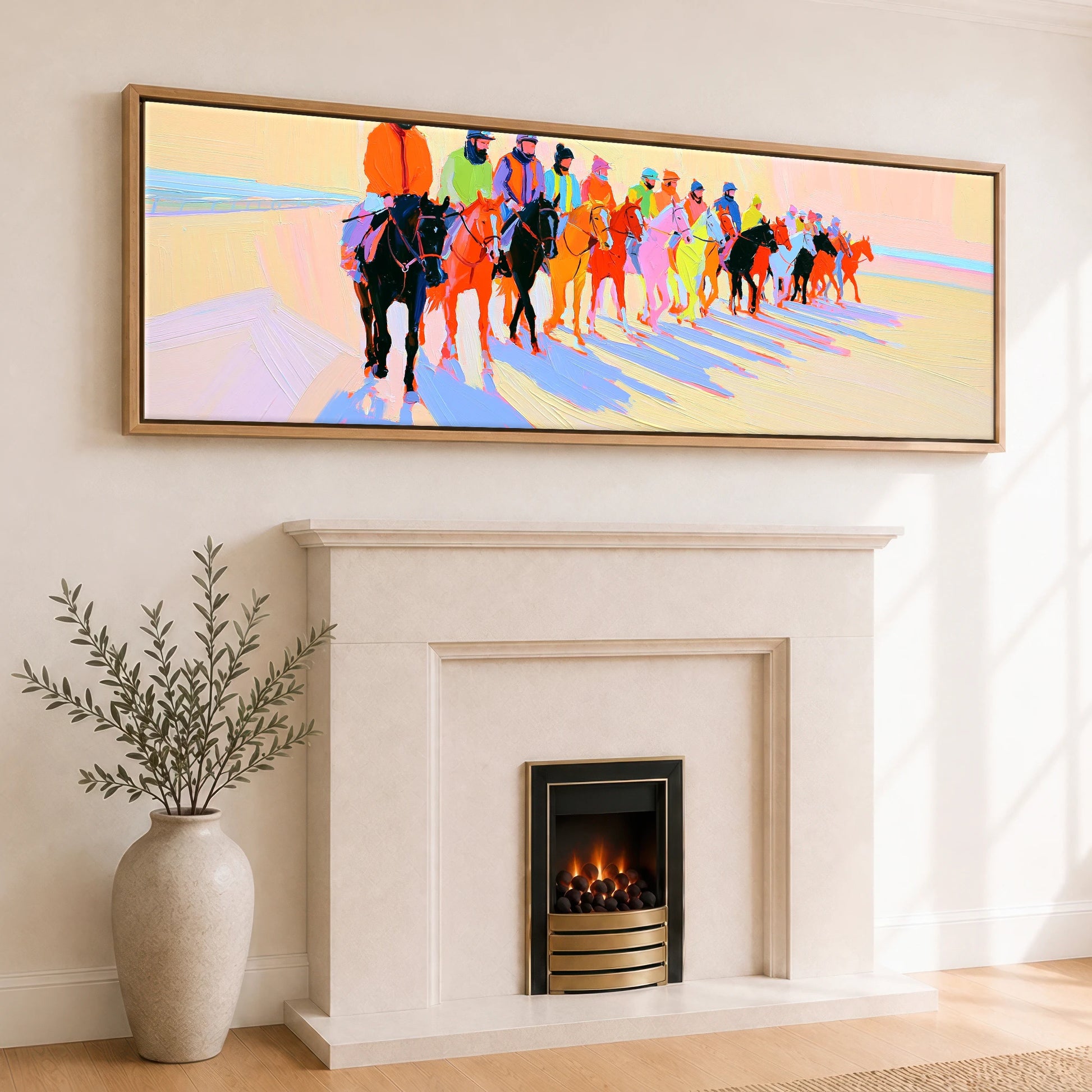 Technicolour Parade Racing Horse panoramic canvas wall art displayed above a fireplace