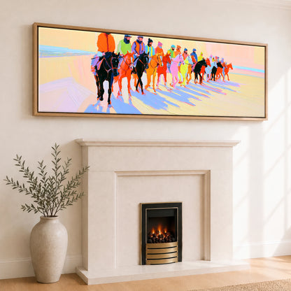 Technicolour Parade Racing Horse panoramic canvas wall art displayed above a fireplace