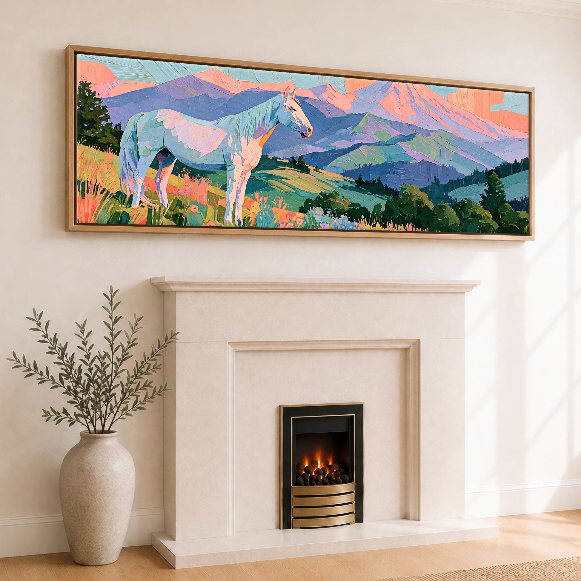 Vibrant Alpine Dawn Horse Landscape panoramic canvas wall art displayed above a fireplace