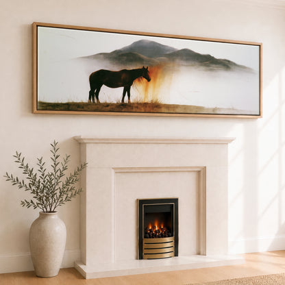 Ethereal Amber Mist Horse Landscape panoramic canvas wall art displayed above a fireplace