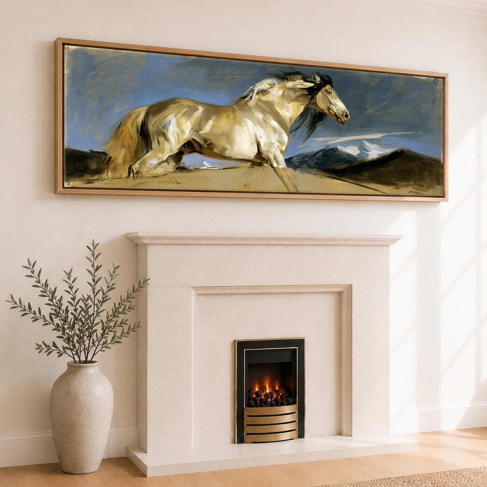 Wild Mountain Gallop Horse Landscape panoramic canvas wall art displayed above a fireplace