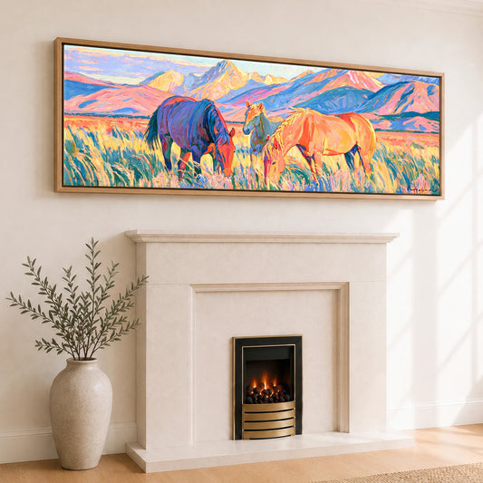 Vibrant High Country Grazing Horse Landscape panoramic canvas wall art displayed above a fireplace