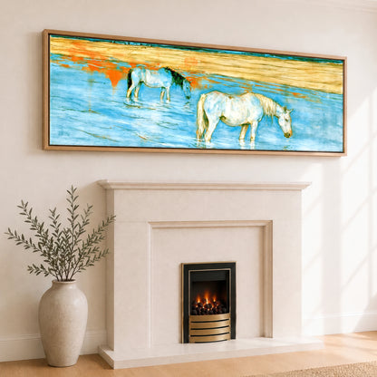 Cerulean Shoreline Greys Beach Horse panoramic canvas wall art displayed above a fireplace