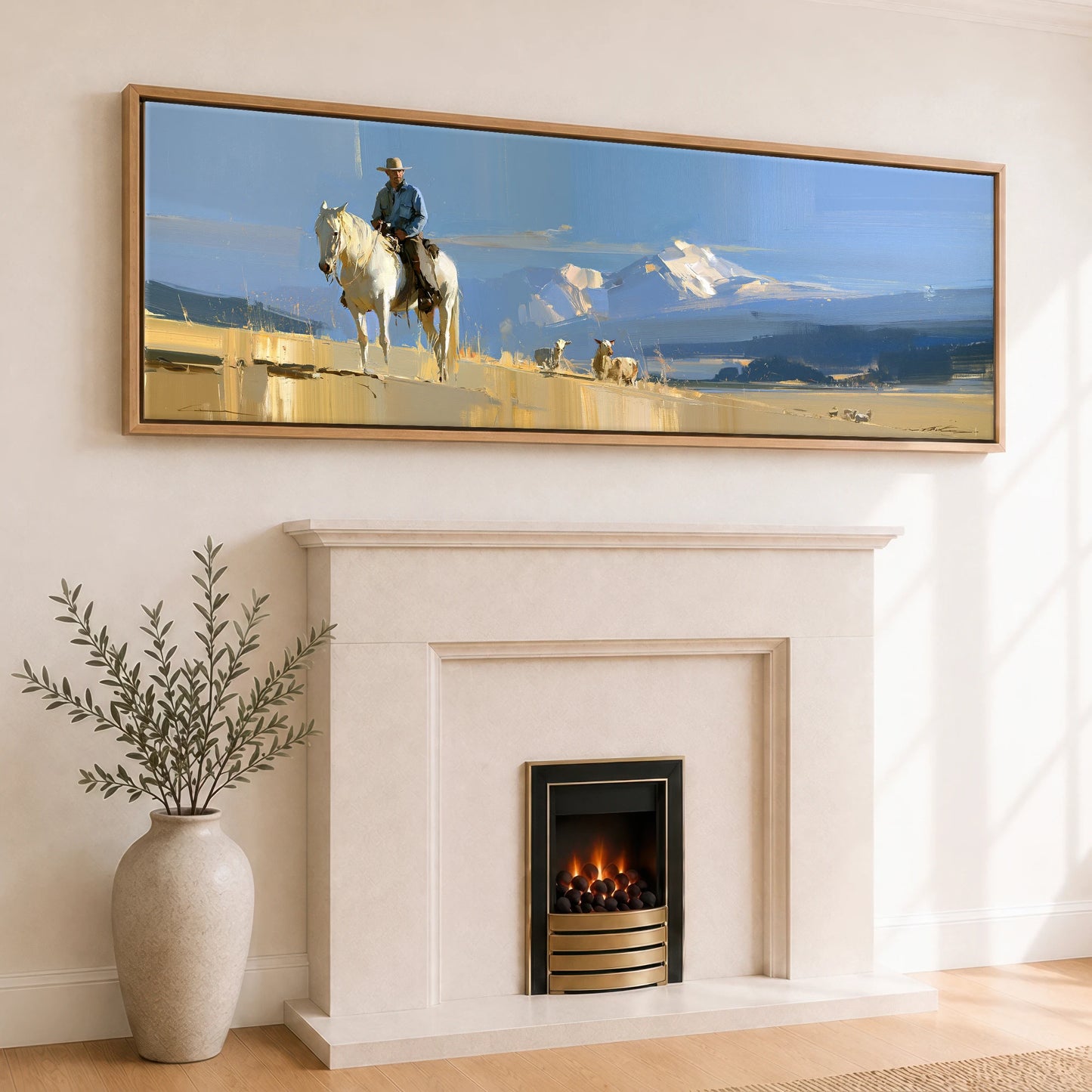High Country Range Horse Landscape panoramic canvas wall art displayed above a fireplace
