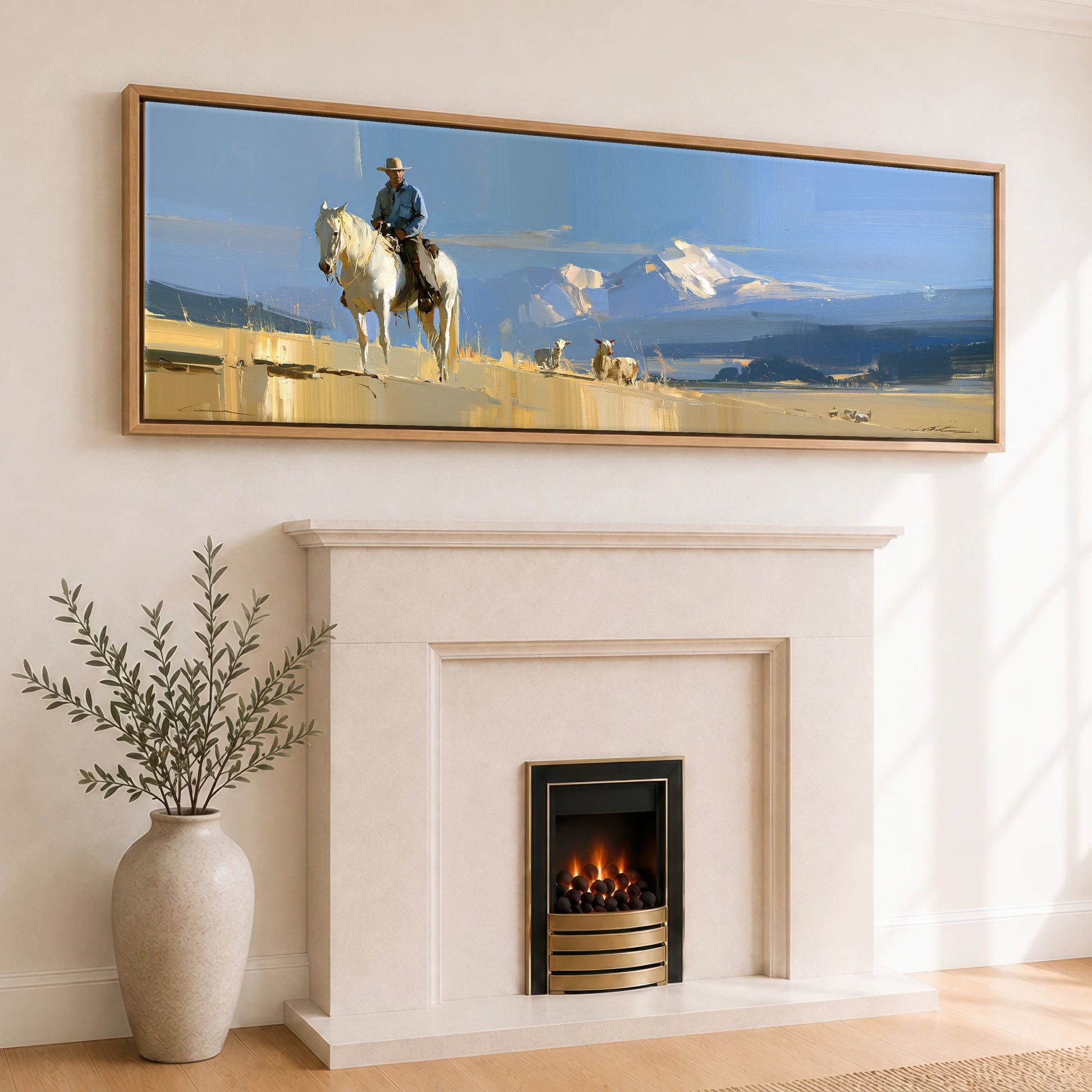 High Country Range Horse Landscape panoramic canvas wall art displayed above a fireplace