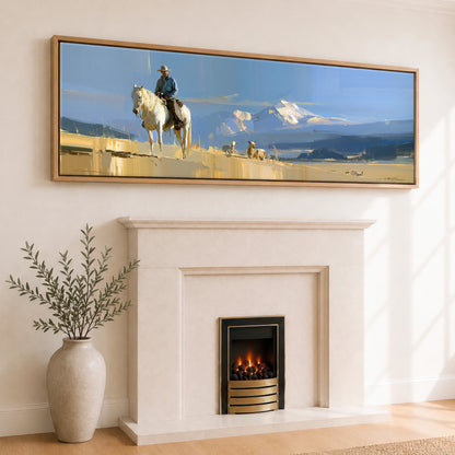 High Country Range Horse Landscape panoramic canvas wall art displayed above a fireplace