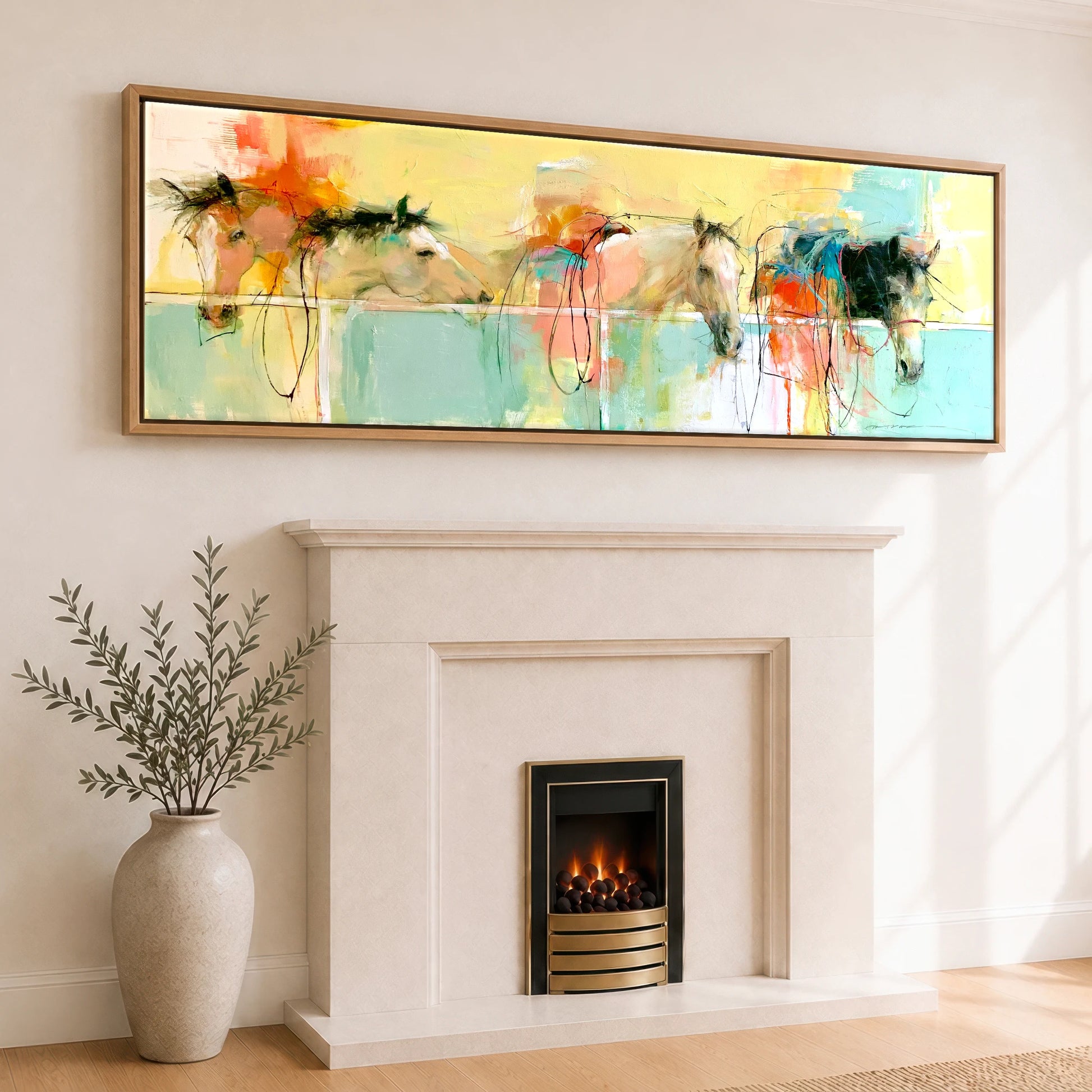 Vibrant Stable Companions Horse Stable panoramic canvas wall art displayed above a fireplace
