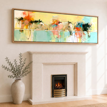 Vibrant Stable Companions Horse Stable panoramic canvas wall art displayed above a fireplace