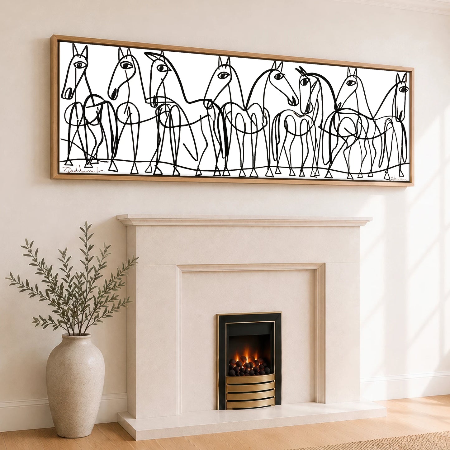 The Line Drawn Herd Horse Landscape panoramic canvas wall art displayed above a fireplace