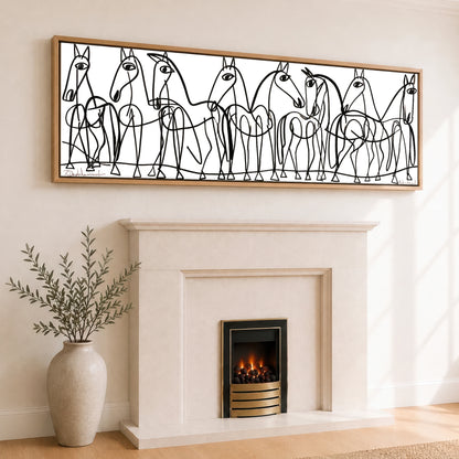 The Line Drawn Herd Horse Landscape panoramic canvas wall art displayed above a fireplace