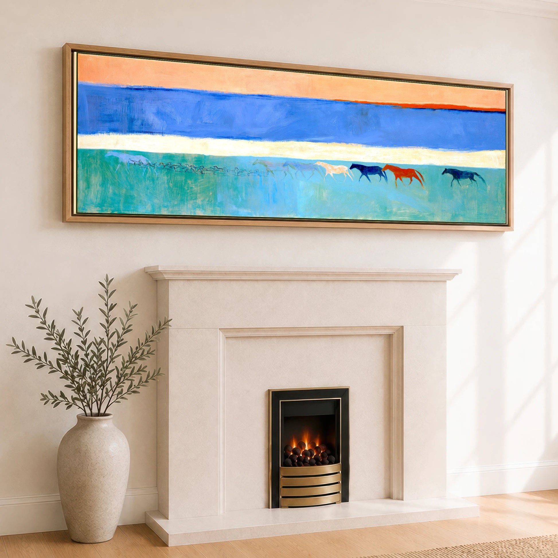 Across the Painted Tide Horse Landscape panoramic canvas wall art displayed above a fireplace
