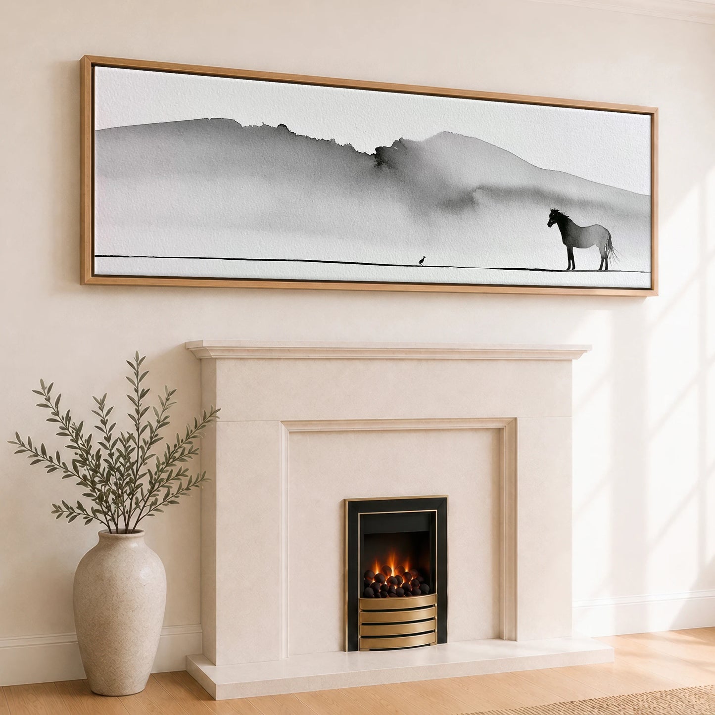 Solitude in Ink Horse Landscape panoramic canvas wall art displayed above a fireplace