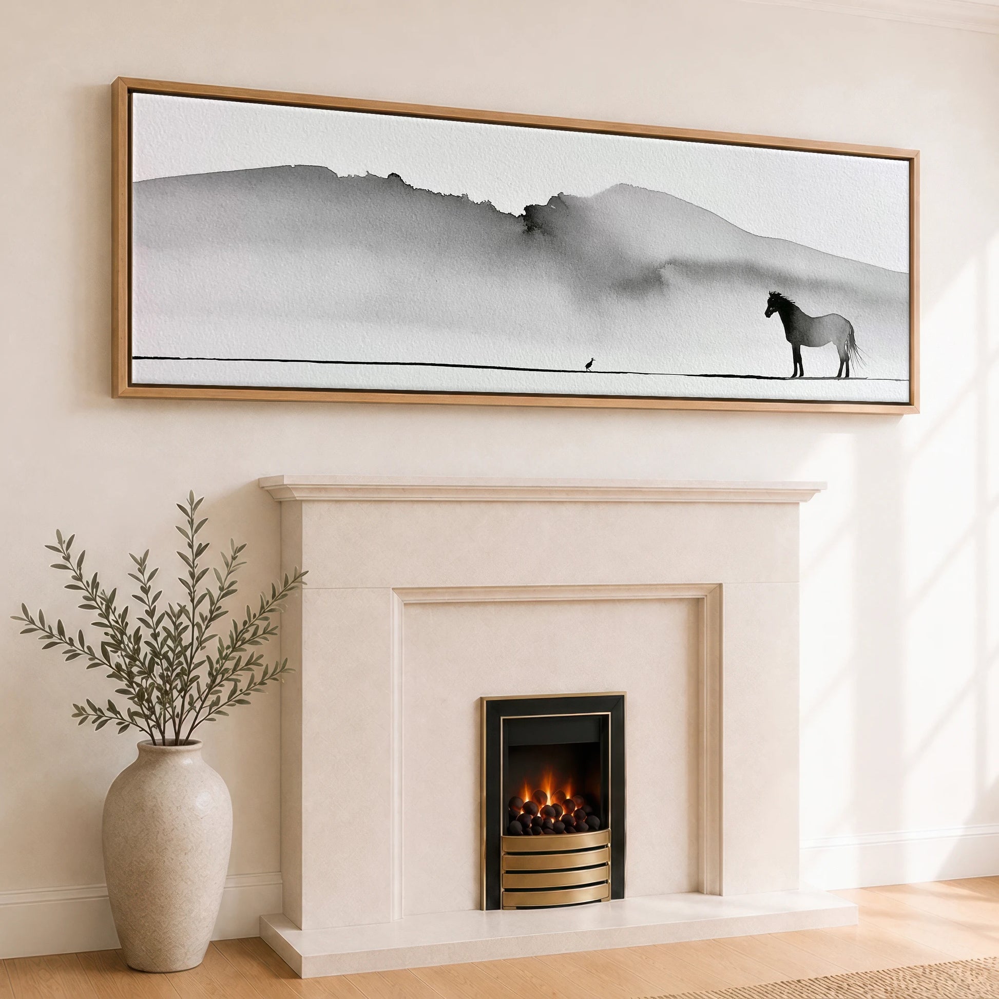 Solitude in Ink Horse Landscape panoramic canvas wall art displayed above a fireplace
