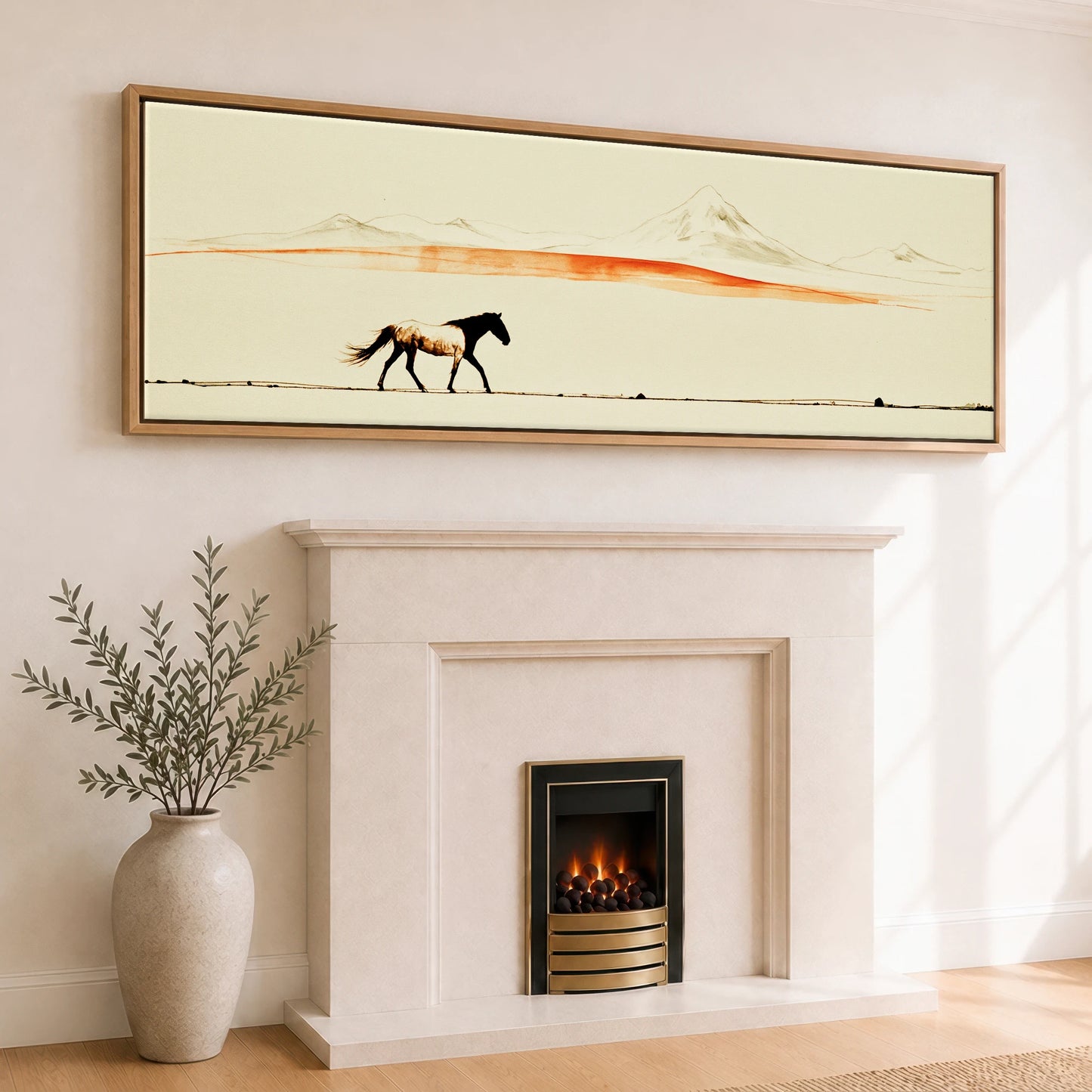 The Amber Horizon Horse Landscape panoramic canvas wall art displayed above a fireplace
