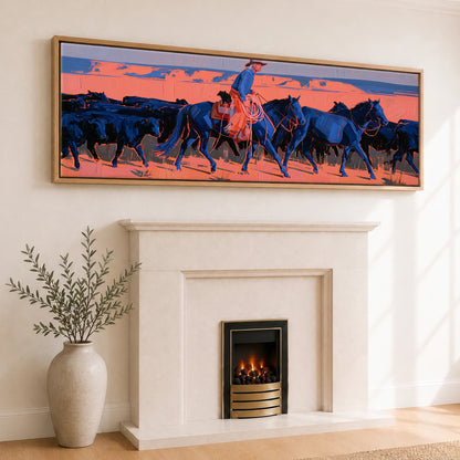 Desert Drover Western Horse panoramic canvas wall art displayed above a fireplace