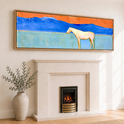 Terracotta Sky Solitude Horse Landscape panoramic canvas wall art displayed above a fireplace