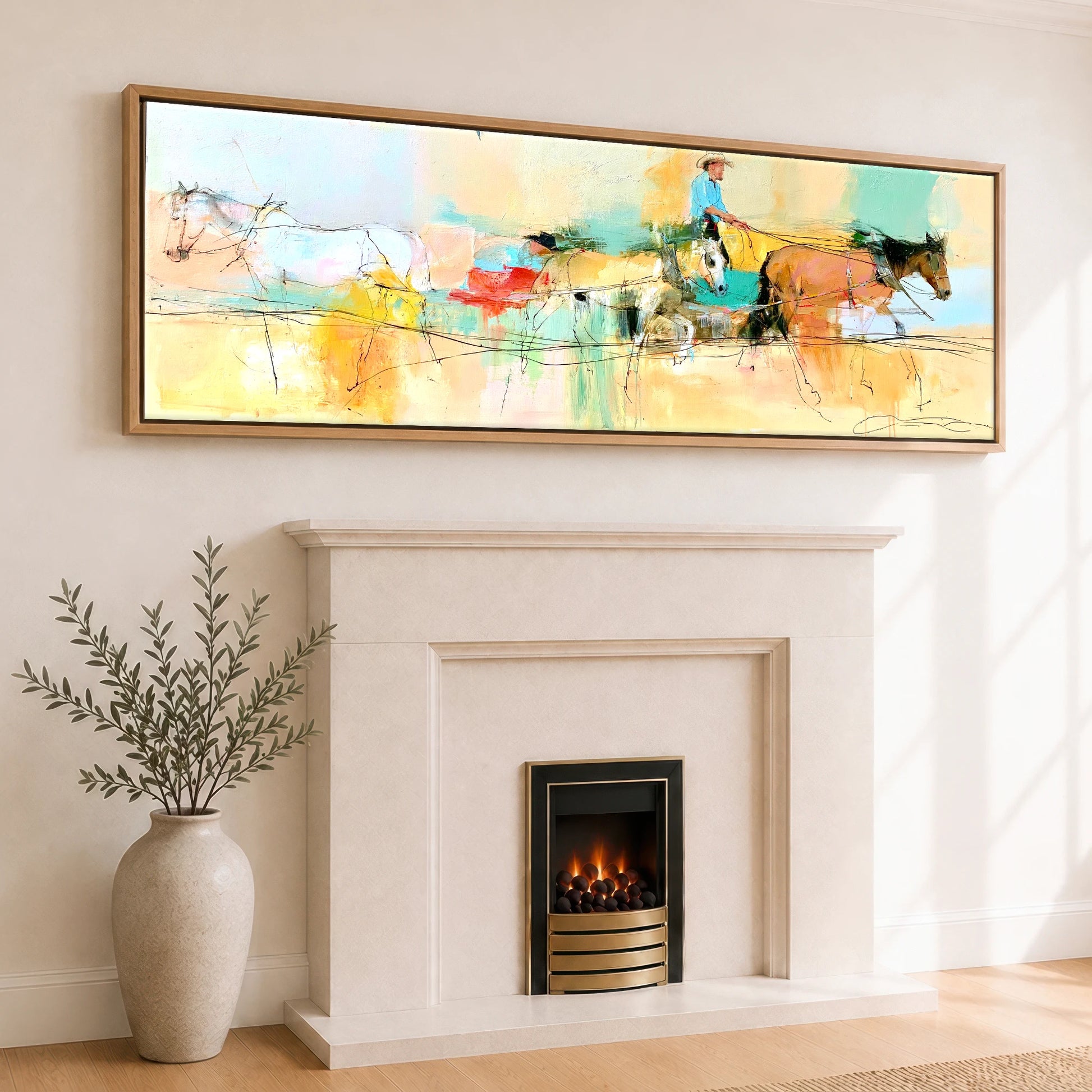 The Painted Drive Working Horse panoramic canvas wall art displayed above a fireplace