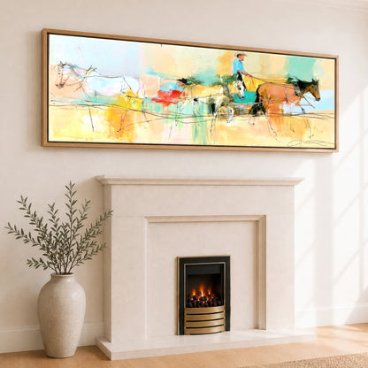 The Painted Drive Working Horse panoramic canvas wall art displayed above a fireplace