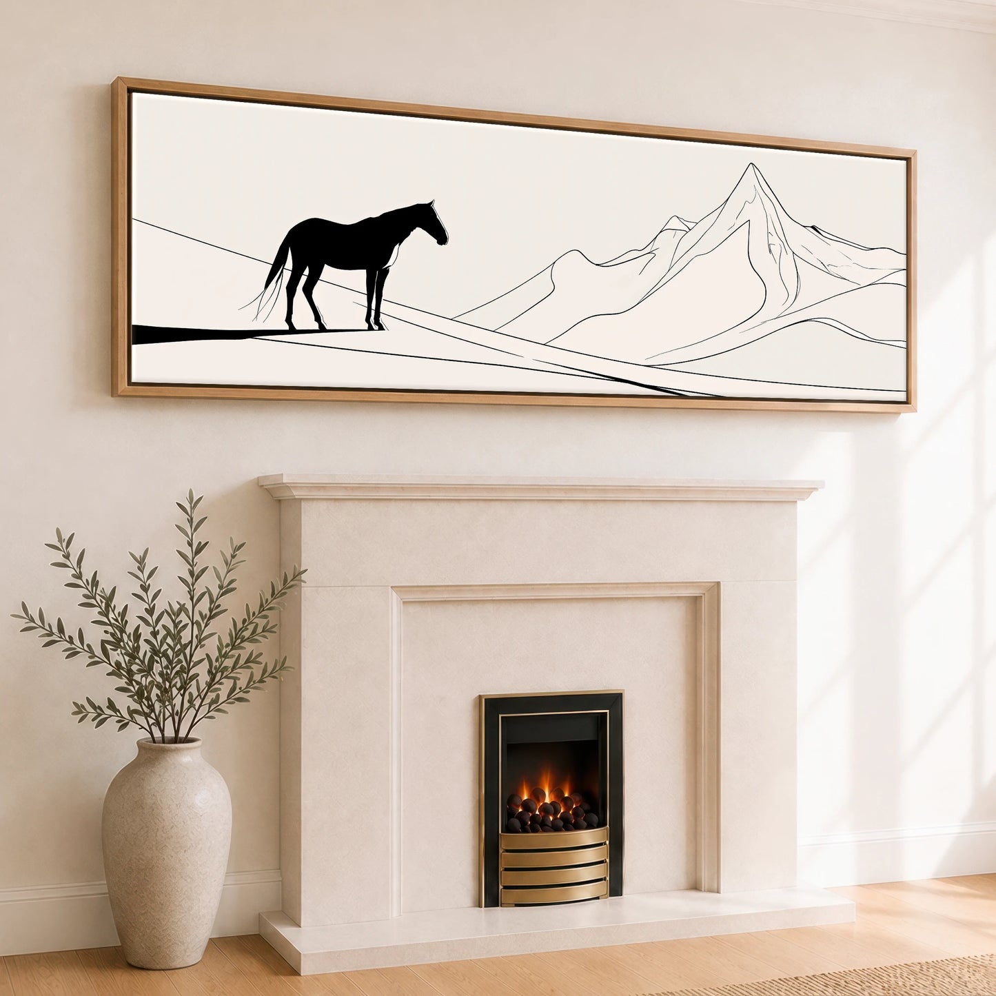 Mountain Contour Silhouette Horse Landscape panoramic canvas wall art displayed above a fireplace