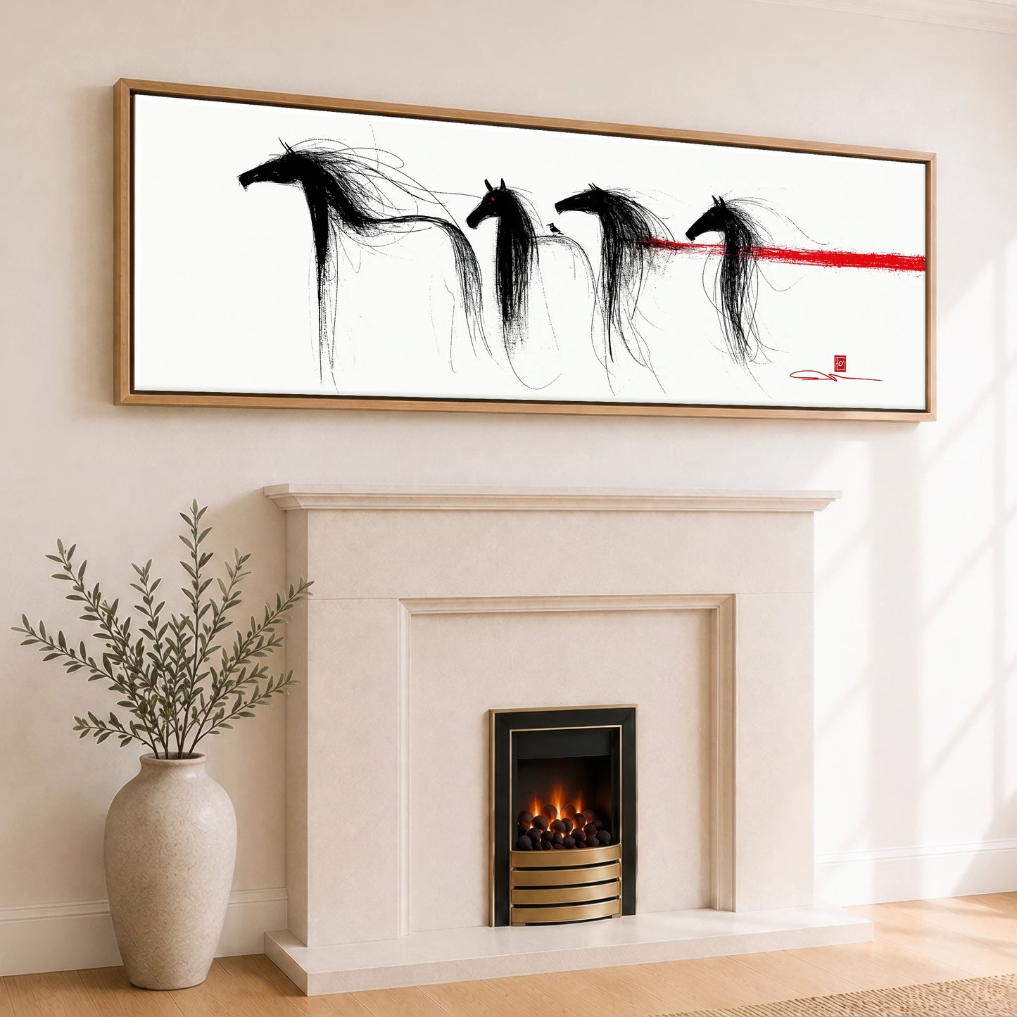 Crimson Streak Equines Wild Horses panoramic canvas wall art displayed above a fireplace